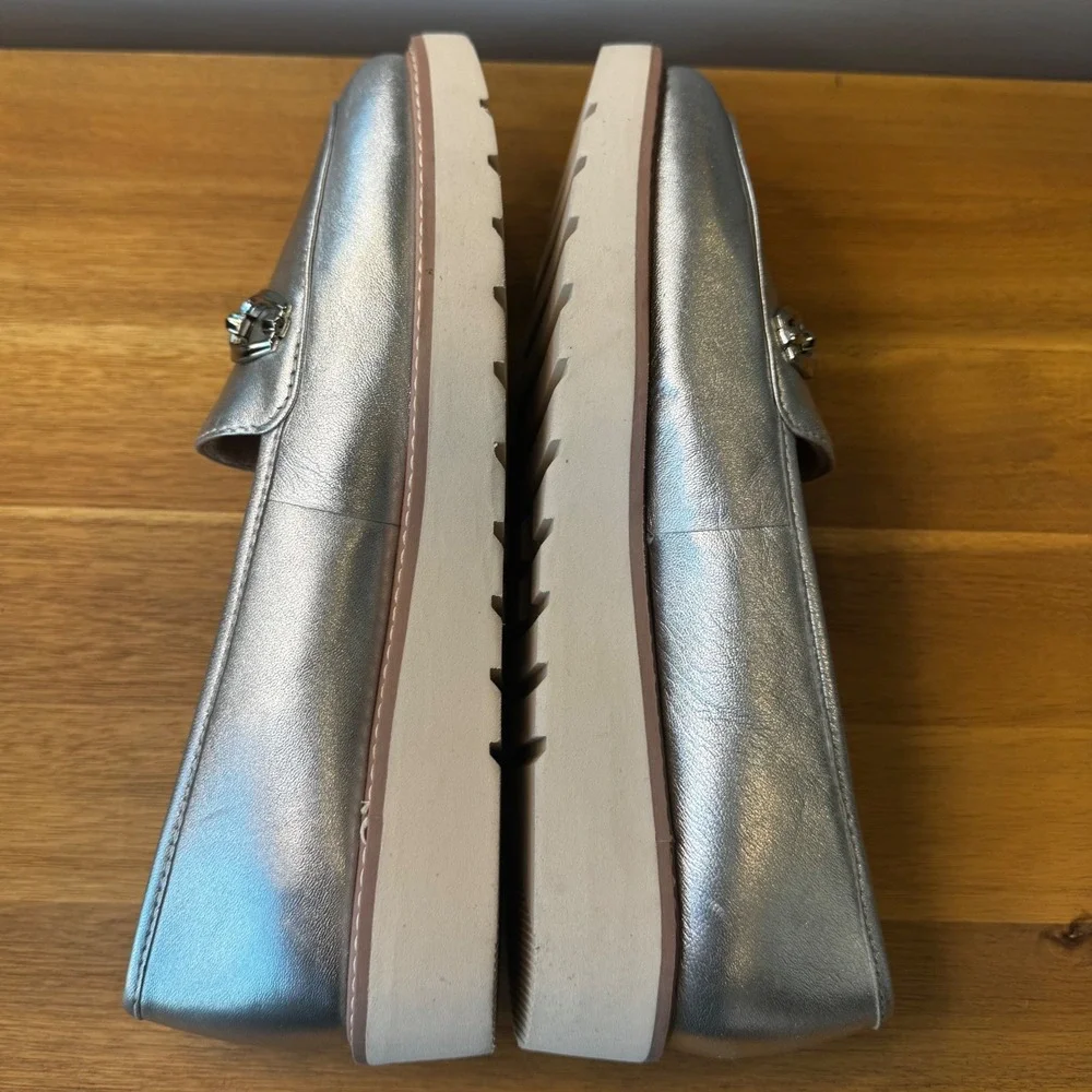 Naturalizer Adiline-Bit Women 9.5 M Metallic Silver Leather Platform Loafers